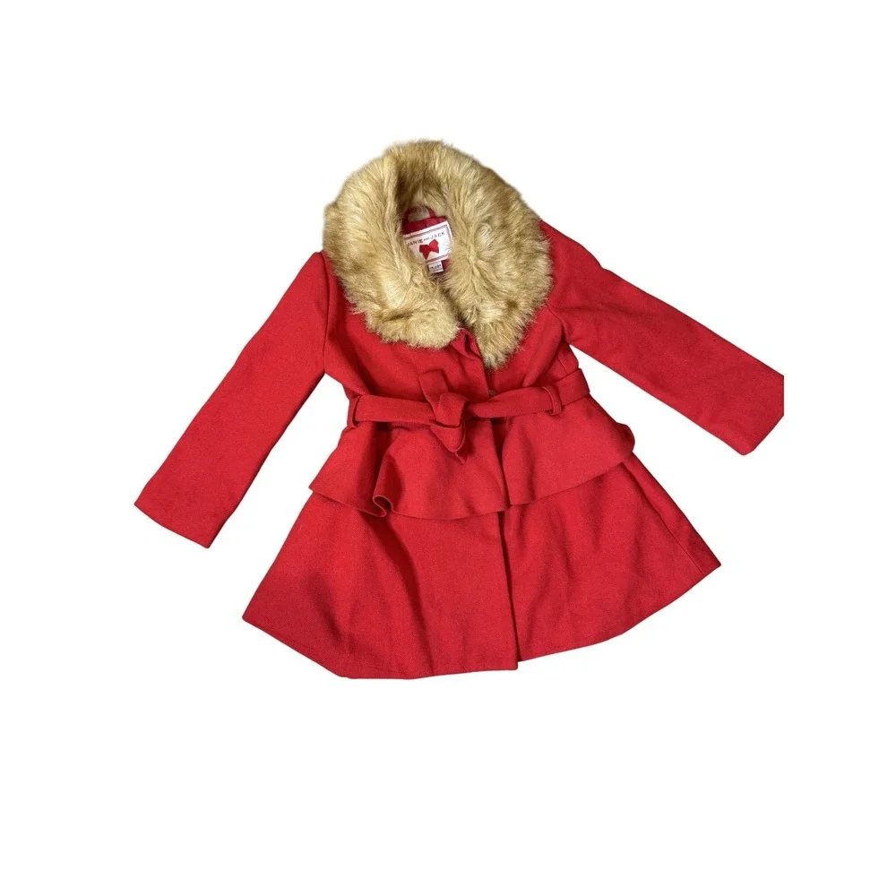 Janie and Jack Coat Girls 18-24 Months Red Faux Fur Collar Belted‎ Peplum Ruffle